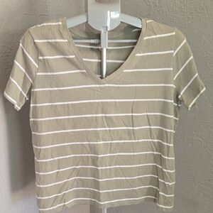 Primark Sage and White Striped V-Neck Tee